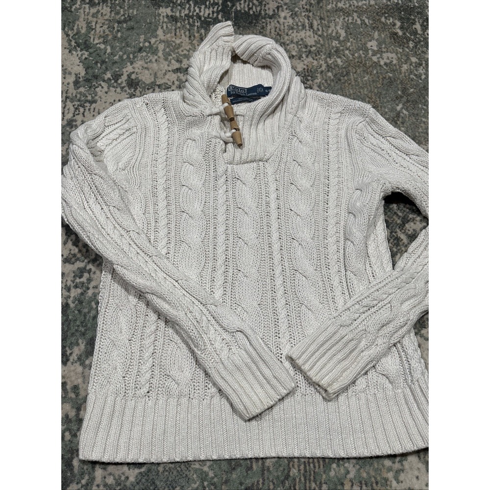 Vintage Polo Ralph Lauren Linen Pima Cotton Cable Knit Toggle Sweater Cream S/P